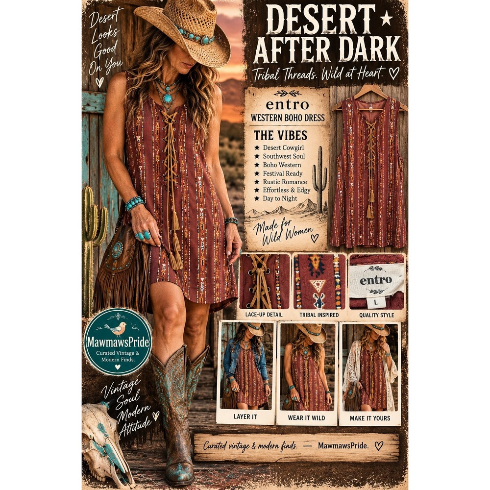 Entro Desert After Dark Western Boho Tribal Lace Up Dress L Cowgirl Festival
